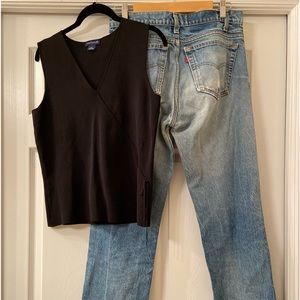 Ann Taylor, size M, silk v neck sleeveless top in black. faux cross front & ties